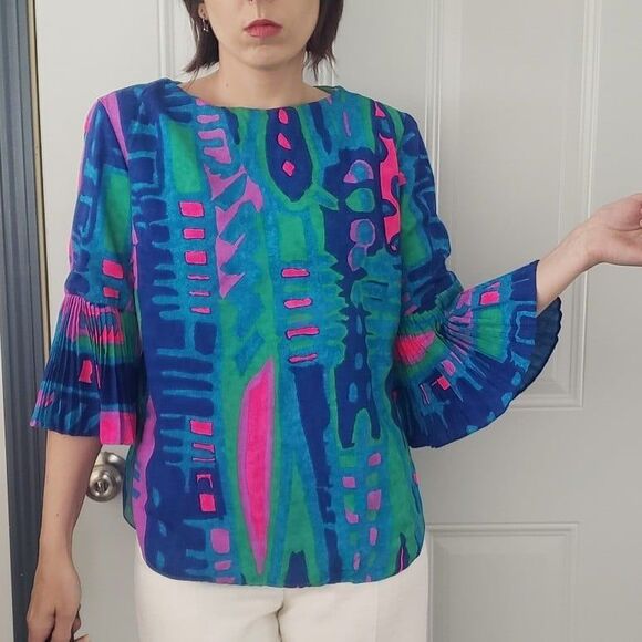 60s/70s Funky Blue, Green, Purple, and Hot Pink‎ Blouse - Picture 1 of 4
